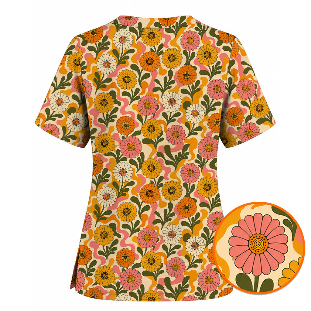 Retro Gerbera Floral Scrub Top, Groovy Gerbera Flower Print Scrubs, Vintage Nurse Medical Uniform