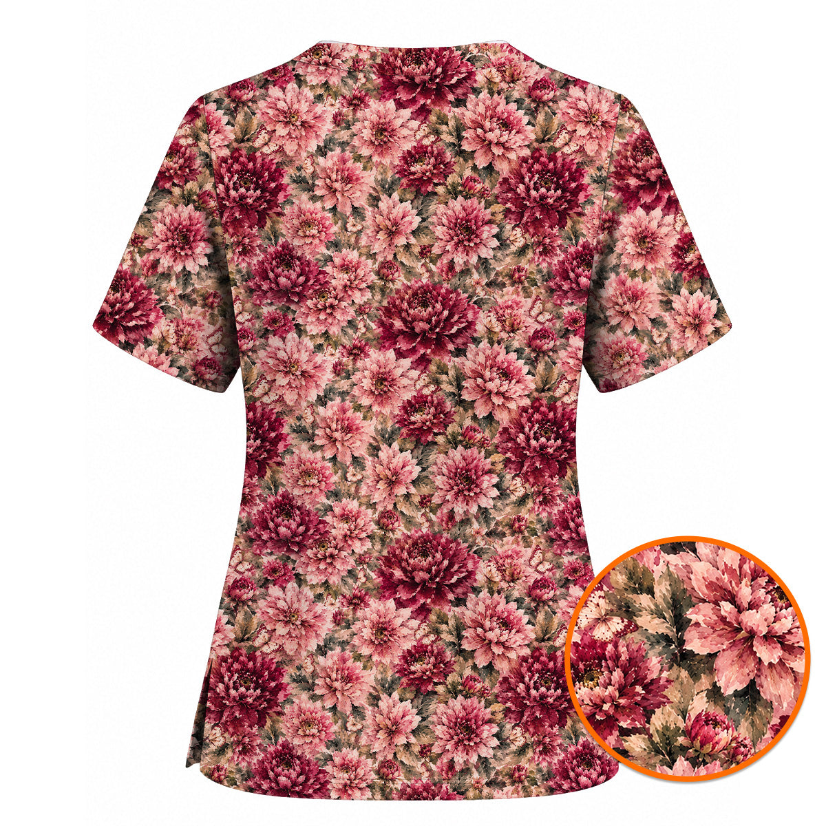 Dahlia Floral Scrub Top, Vintage Dahlia Flower Print Scrubs, Botanical Nurse Uniform