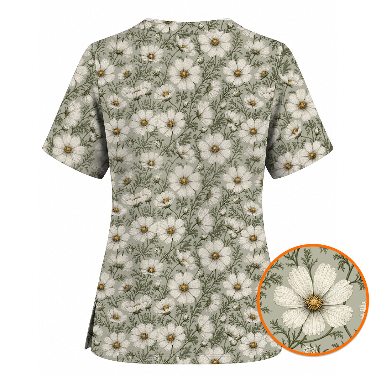 Cosmos Floral Scrub Top, Vintage Cosmos Flower Print Scrubs, Botanical Nurse Uniform