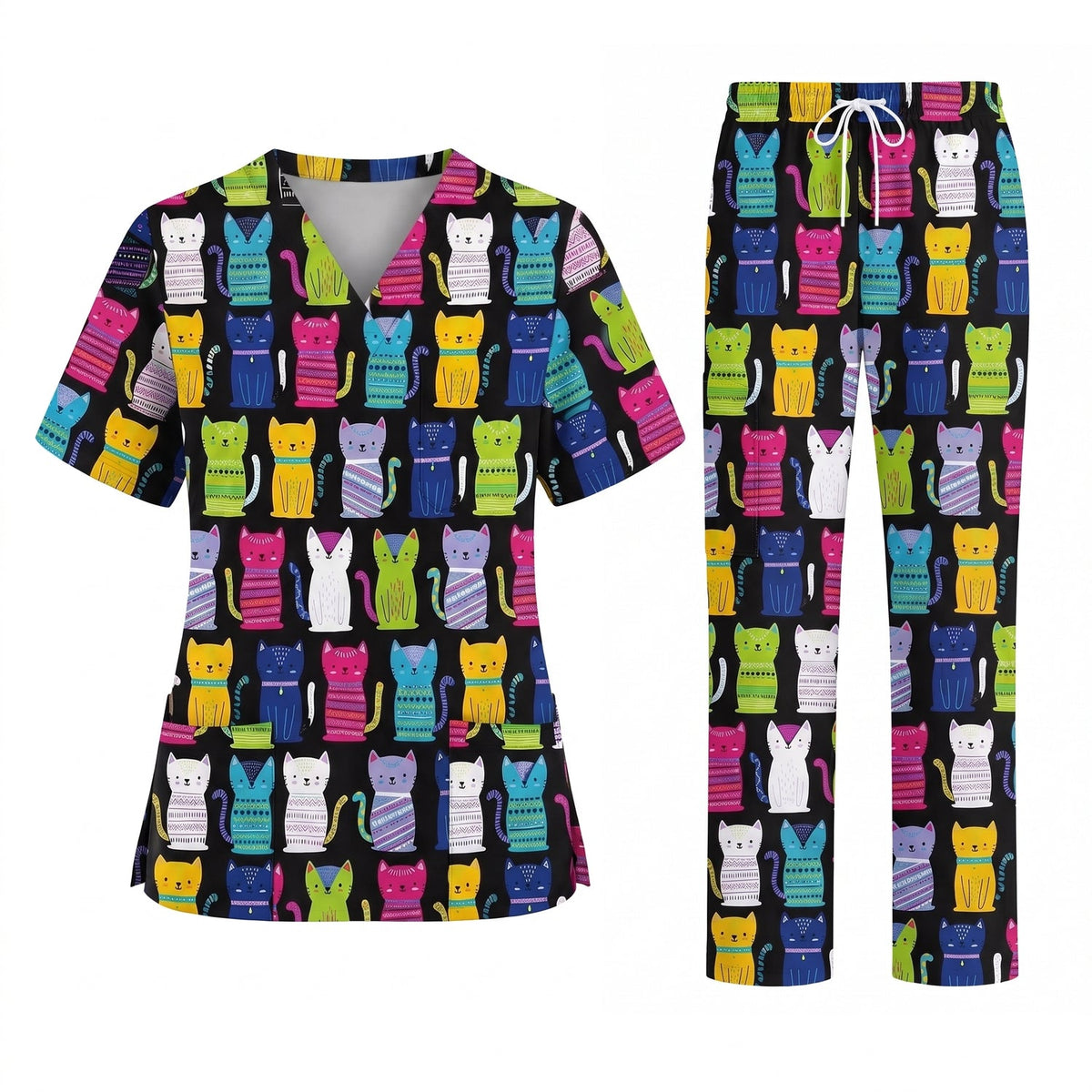 Funny Cat Scrub Top for Women, Cute Rainbow Cats Nursing Uniform, Gift for RN LPN CNA Veterinary Healthcare Professionals