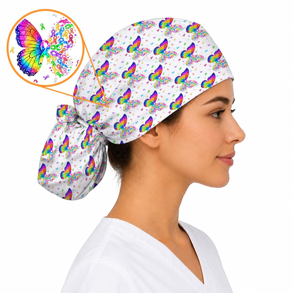 Cancer Awareness Butterfly Pattern Scrub Caps, Colorful Ribbon Nurse Scrubs, Healthcare Worker Awareness Scrub Cap