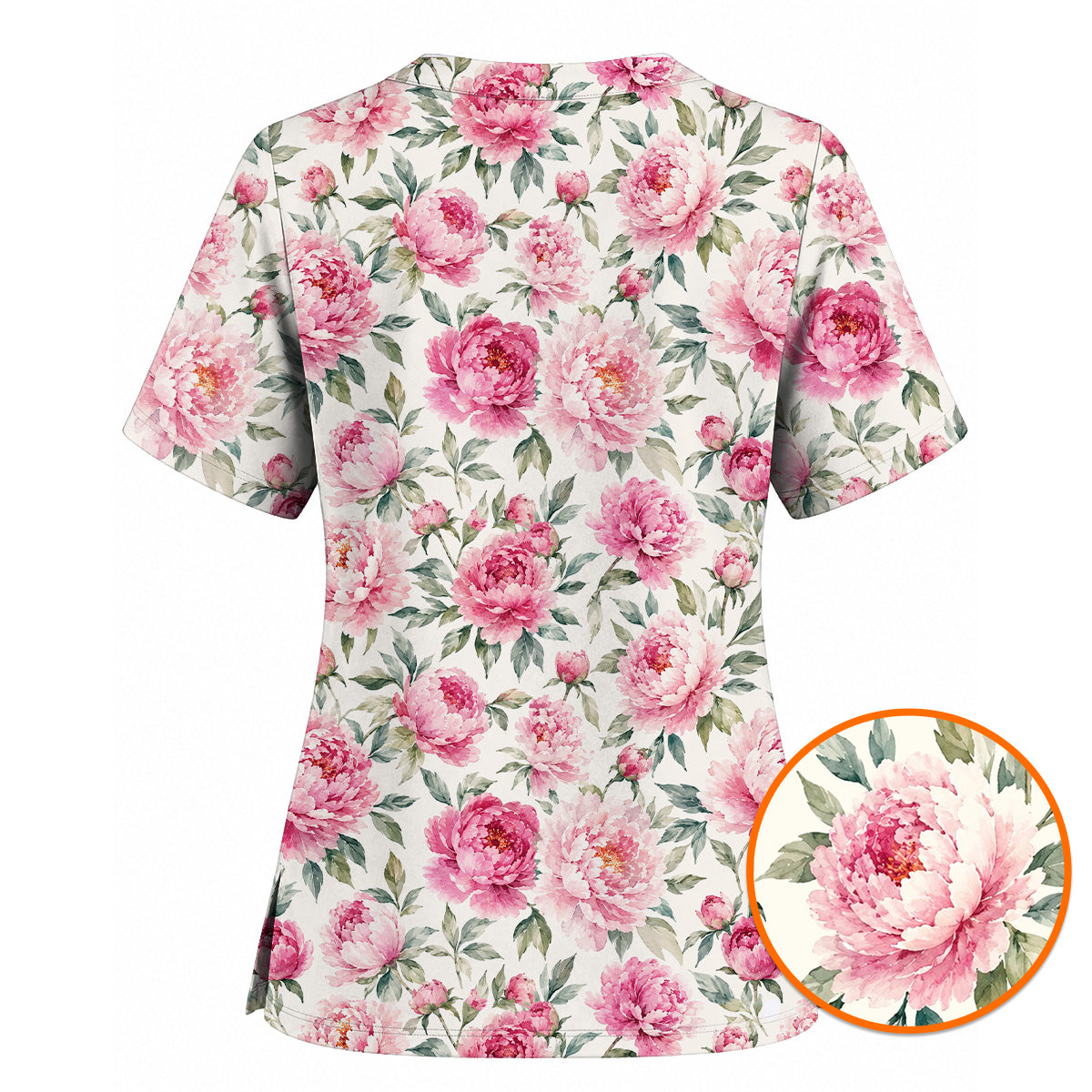 Pink Peony Garden Scrub Top, Watercolor Peony Floral Print Scrubs, Romantic Botanical Nurse Uniform