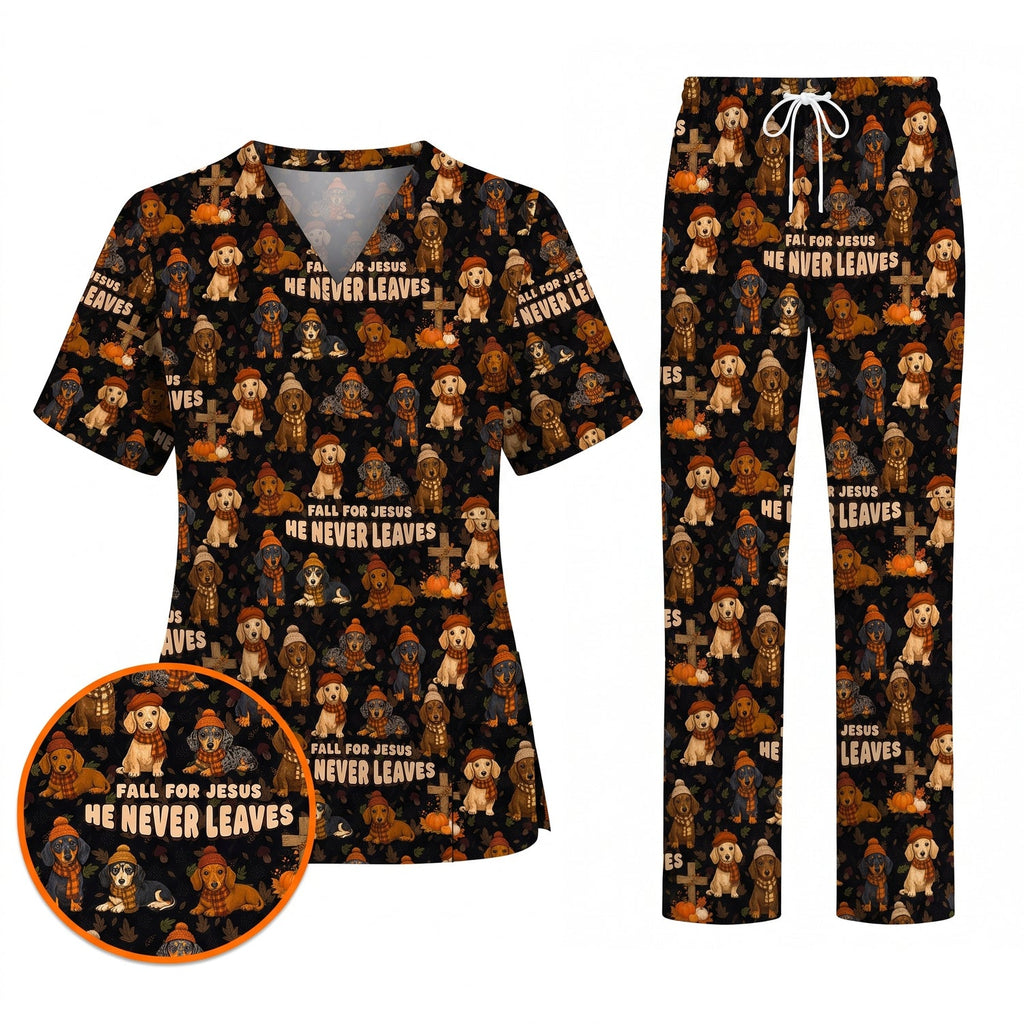Autumn Dachshund Scrub Top, Wiener Dog Fall Nursing Uniform for Dog Lovers, Comfortable Scrubs for Nurses