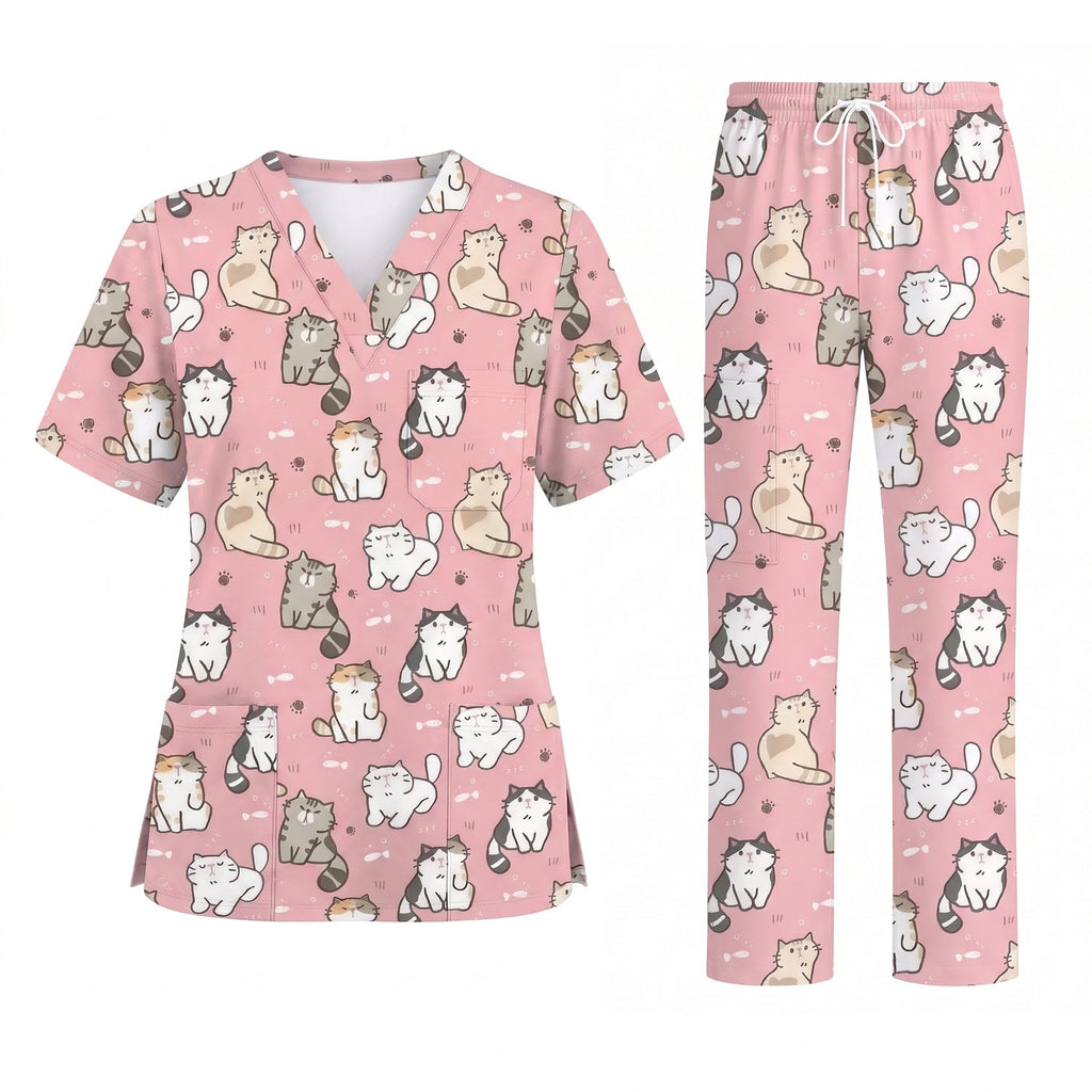 Funny Cat Scrub Set, Cute Cat Pattern Scrub For Nursing, Breathable Med Uniform