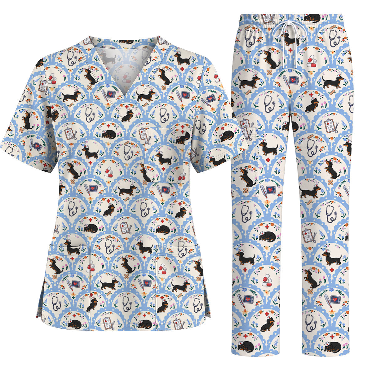 Dachshund Nurse Scrub Top, Wiener Dog Medical Pattern Scrubs for Nurses, Cute Healthcare Uniform for Dog Lovers
