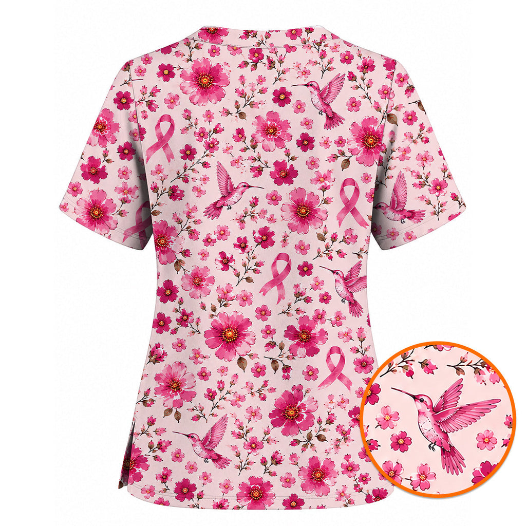 Pink Ribbon Hummingbird Scrub Top, Breast Cancer Awareness Floral Nurse Shirt, Pink Healthcare Uniform