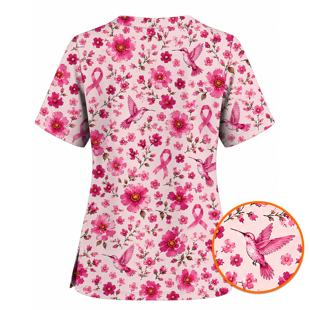 Pink Ribbon Hummingbird Scrub Top, Breast Cancer Awareness Floral Nurse Shirt, Pink Healthcare Uniform