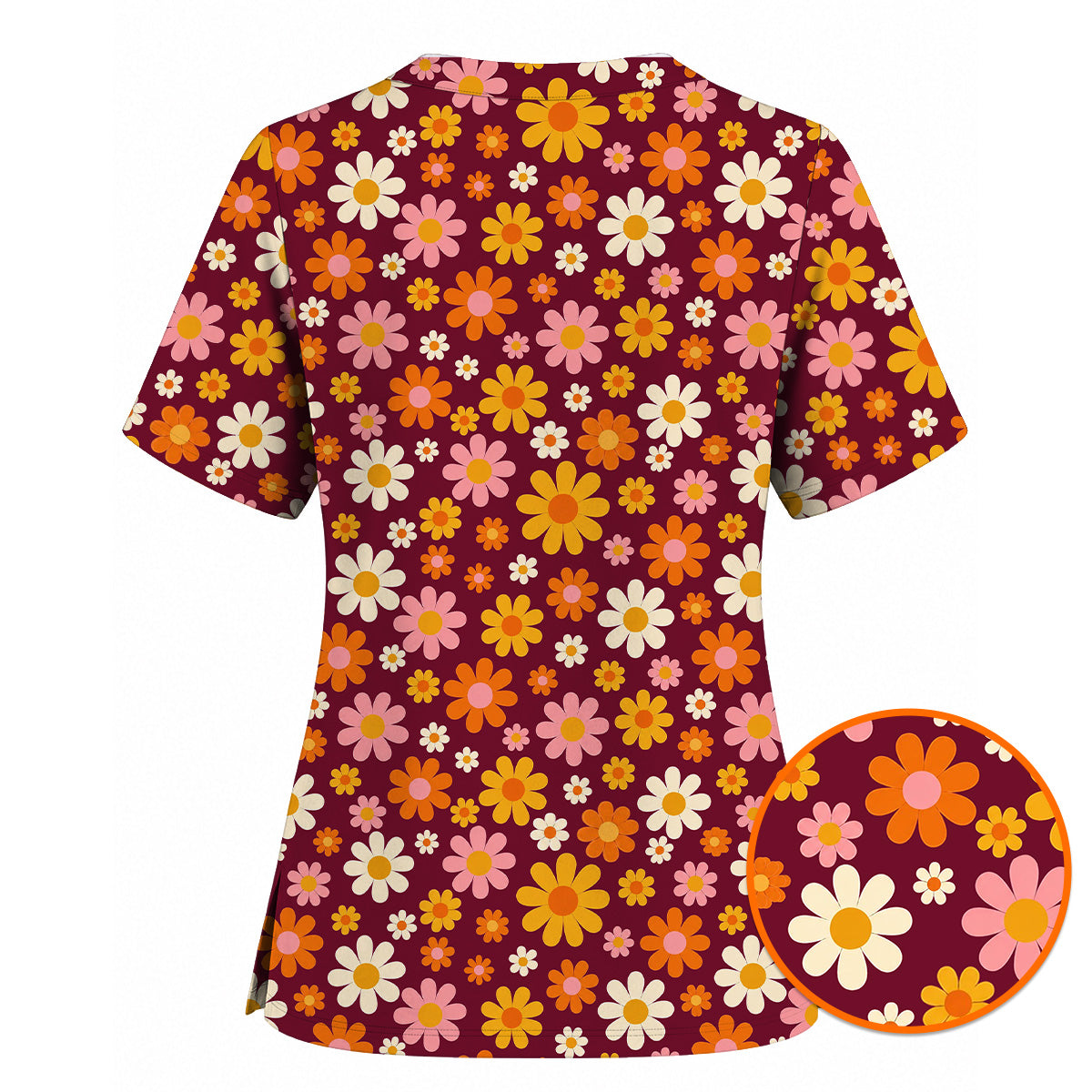 Retro Daisy Scrub Top, Colorful Daisy Floral Nurse Scrubs Uniform, Groovy Flower Gift For Nurses