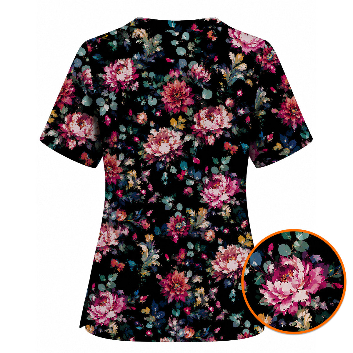 Dark Floral Scrub Top, Vintage Peony Nurse Shirt, Elegant Botanical Healthcare Uniform