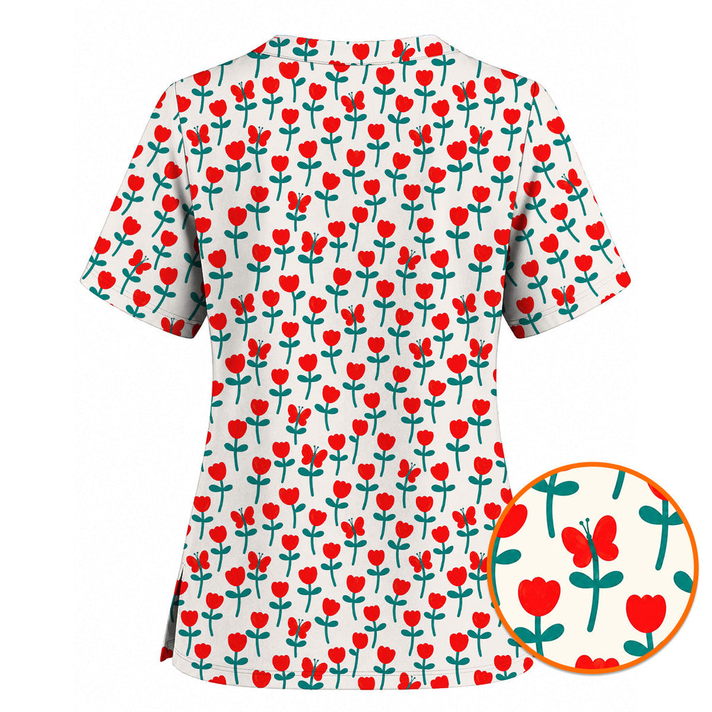 Playful Tulip Scrub Top, Colorful Tulip Butterfly Nurse Scrubs Uniform, Spring Floral Gift For Nurses