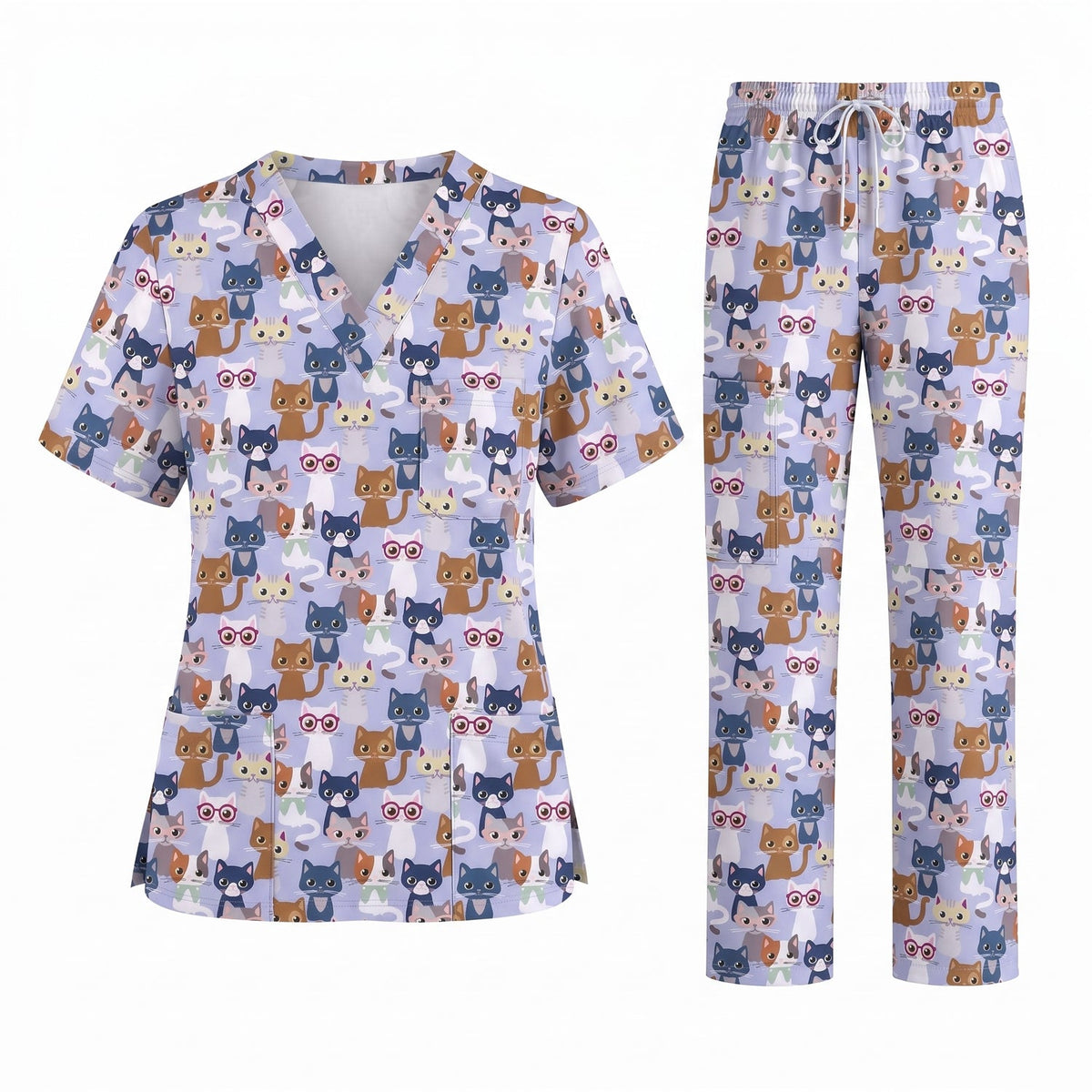 Curious Cat Scrub Top, Cute Cats Scrub Top for Women, Breathable Fabrics Nursing Uniform