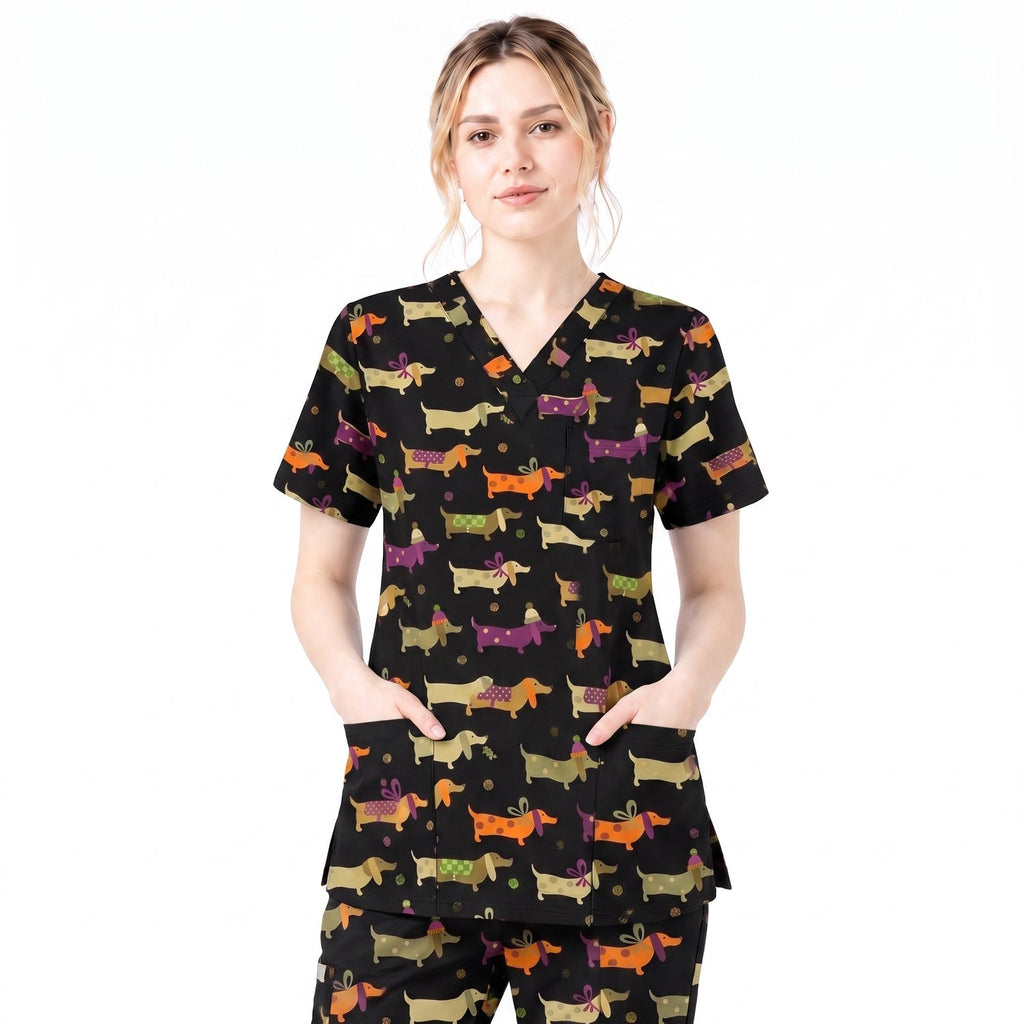 Funny Dachshund Pattern Scrub Top, Wiener Dog Nursing Scrub for Women, Breathable Veterinary Medical Uniform