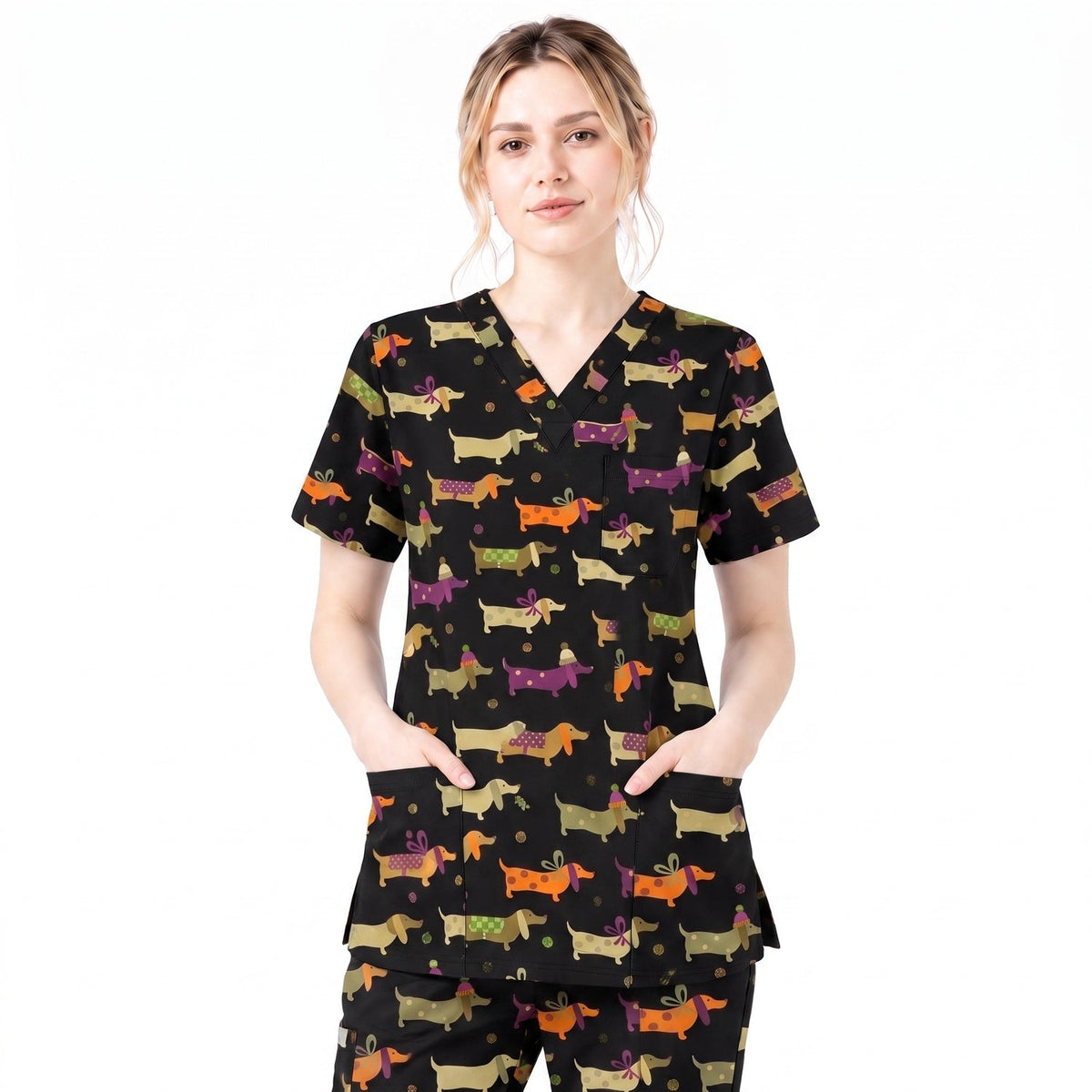 Funny Dachshund Pattern Scrub Top, Wiener Dog Nursing Scrub for Women, Breathable Veterinary Medical Uniform