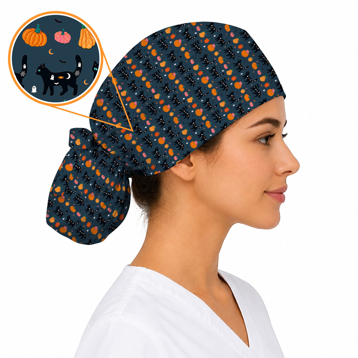 Halloween Black Cat Scrub Caps, Pumpkin Cat Print Scrubs, Spooky Nurse Cap