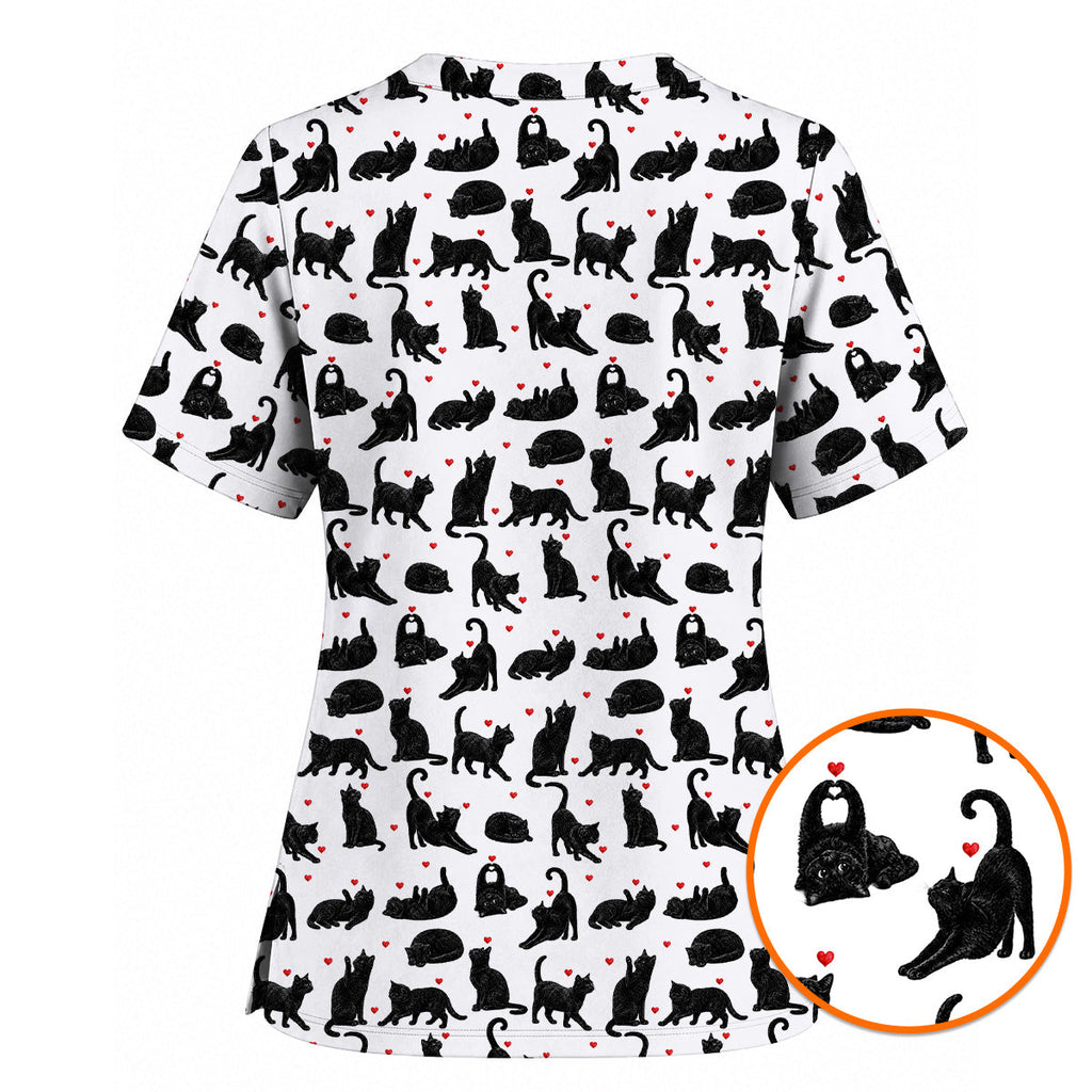 Black Cat Love Scrub Top, Cute Cat Heart Print Scrubs, Cat Lover Nurse Uniform