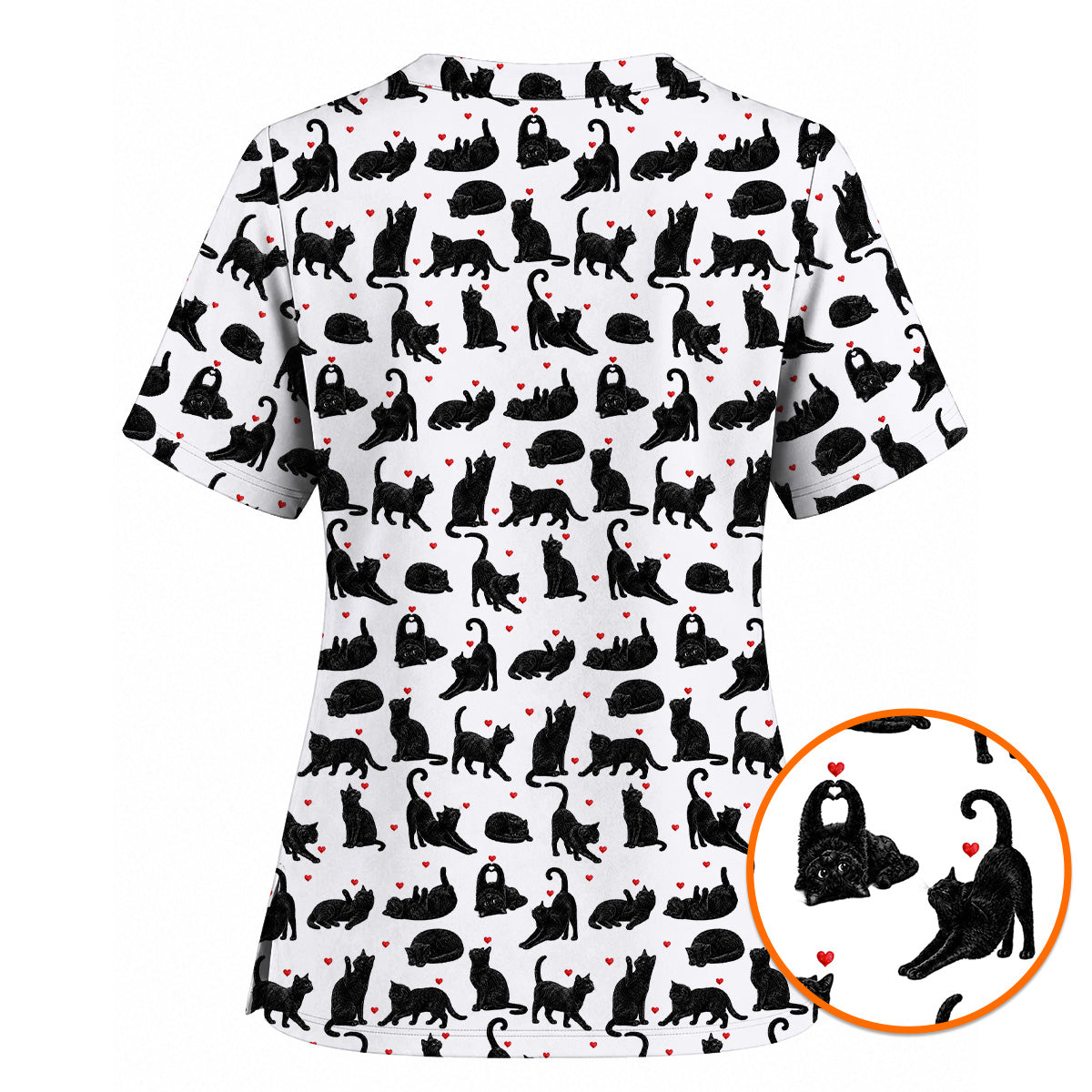 Black Cat Love Scrub Top, Cute Cat Heart Print Scrubs, Cat Lover Nurse Uniform