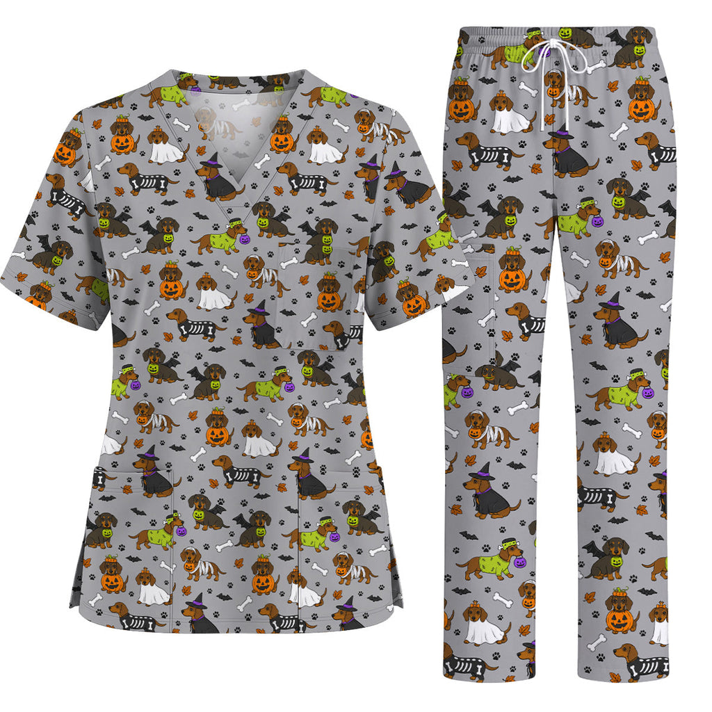 Halloween Dachshund Scrub Top, Cute Dachshund Nurse Scrubs for Dog Lovers, Funny Wiener Dog Medical Uniform