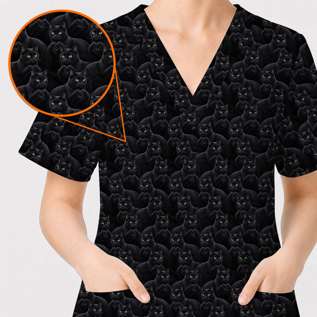 Black Cat Scrub Top for Cat Lovers, Cute Black Cat Nursing Uniform, Comfortable Feline Medical Scrubs For Nurse