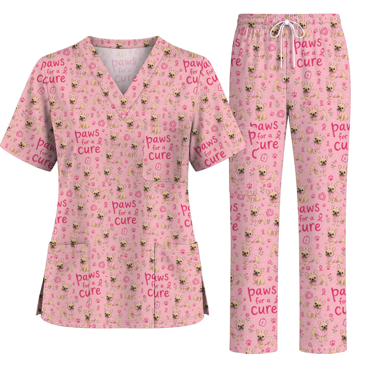 Breast Cancer French Bulldog Scrub Top, Paws for a Cure Nursing Uniform, Pink Nurse Scrubs for Dog Lovers