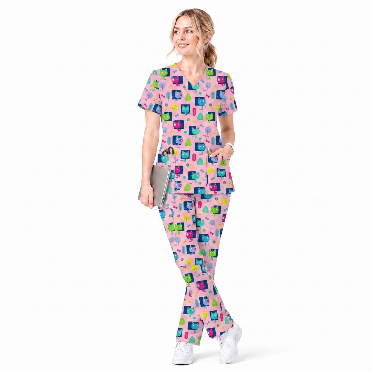 Cute Cat Pattern Scrub Top for Women, Colorful Cartoon Cats Nursing Uniform, Funny Cat Nurse Scrub Shirt, Breathable Medical Scrubs for RN LPN CNA