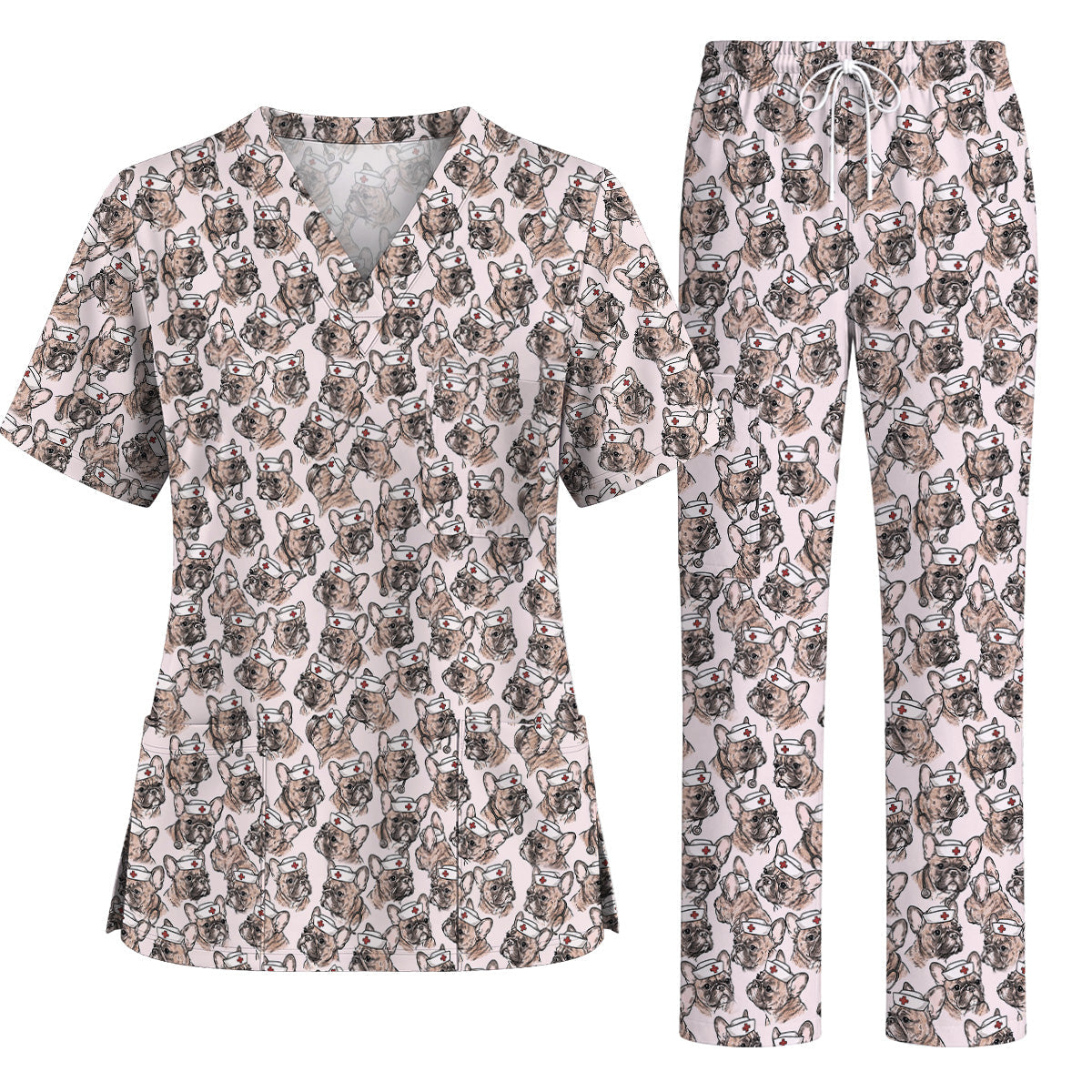 French Bulldog Nurse Scrub Top, Vintage Frenchie Medical Pattern Scrubs for Nurses, Cute Dog Lover Healthcare Gift