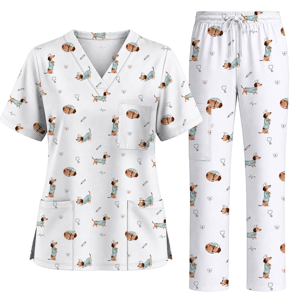 Dachshund Nurse Scrub Top, Cute Wiener Dog Nursing Uniform for Dog Lovers, Comfortable Nurse Scrubs for Healthcare Workers