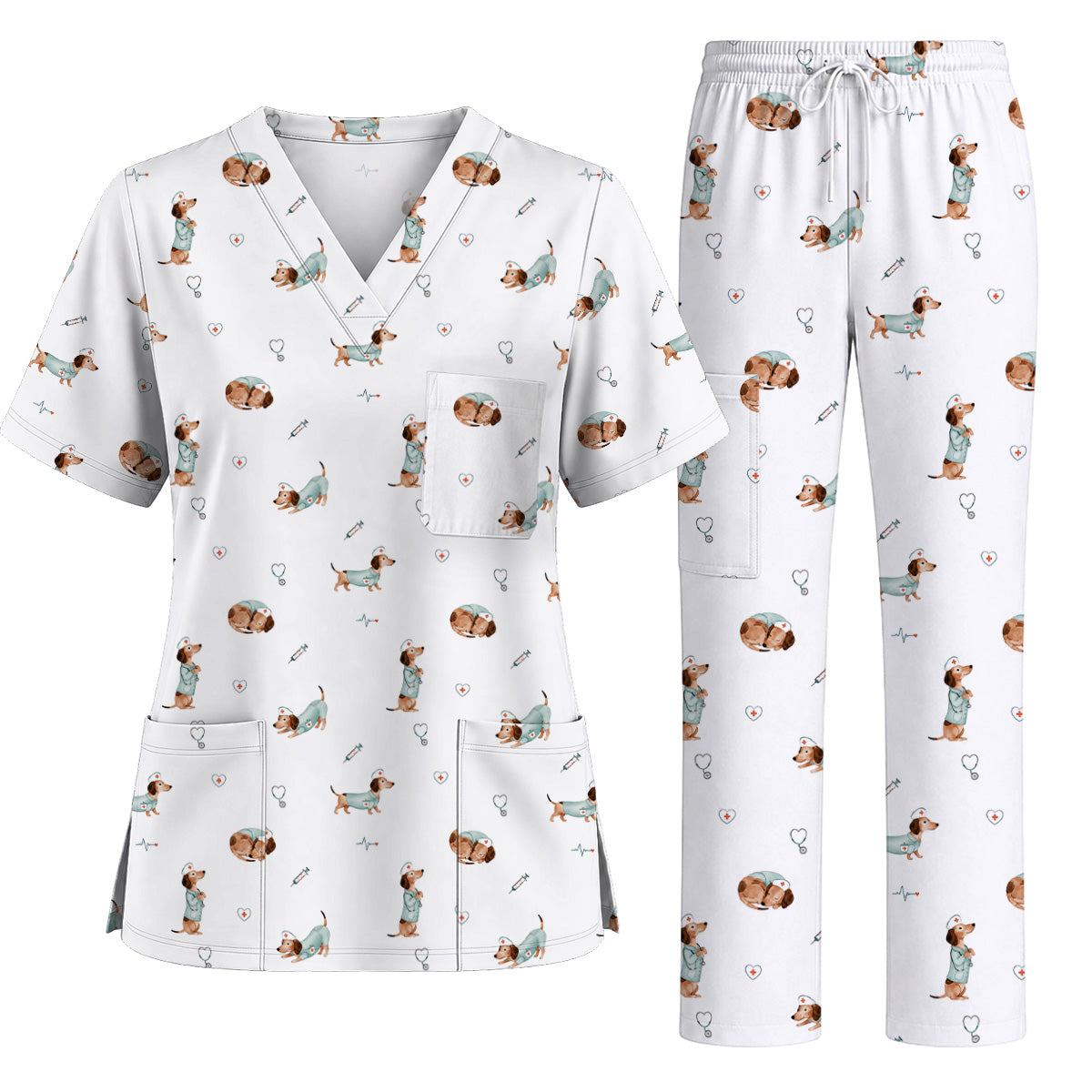 Dachshund Nurse Scrub Top, Cute Wiener Dog Nursing Uniform for Dog Lovers, Comfortable Nurse Scrubs for Healthcare Workers