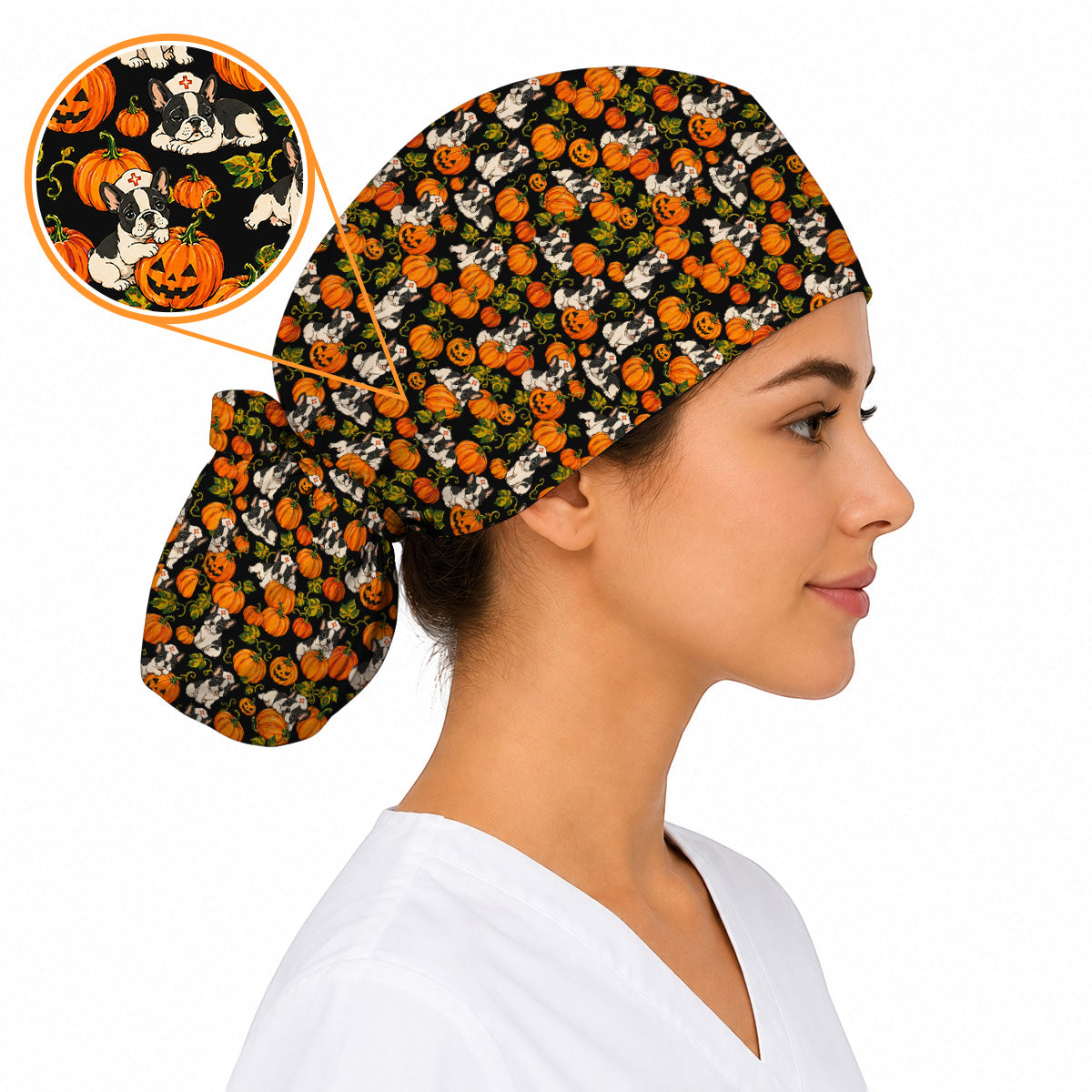 French Bulldog Halloween Nurse Scrub Cap, Pumpkin Frenchie Pattern Scrubs, Cute Fall Dog Scrub Shirt for Nurses