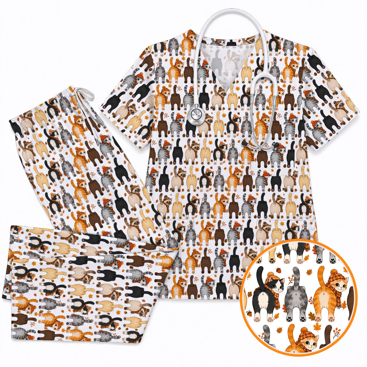 Funny Autumn Cat Scrub Top, Cozy Fall Cat Scrubs Nurse for Cat Lovers, Breathable Fabrics Nursing Uniform