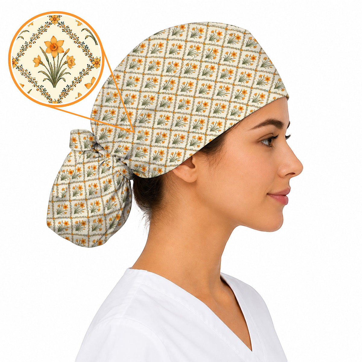 Elegant Daffodil Scrub Caps, Vintage Daffodil Floral Nurse Scrubs Cap, Spring Flower Gift For Nurses