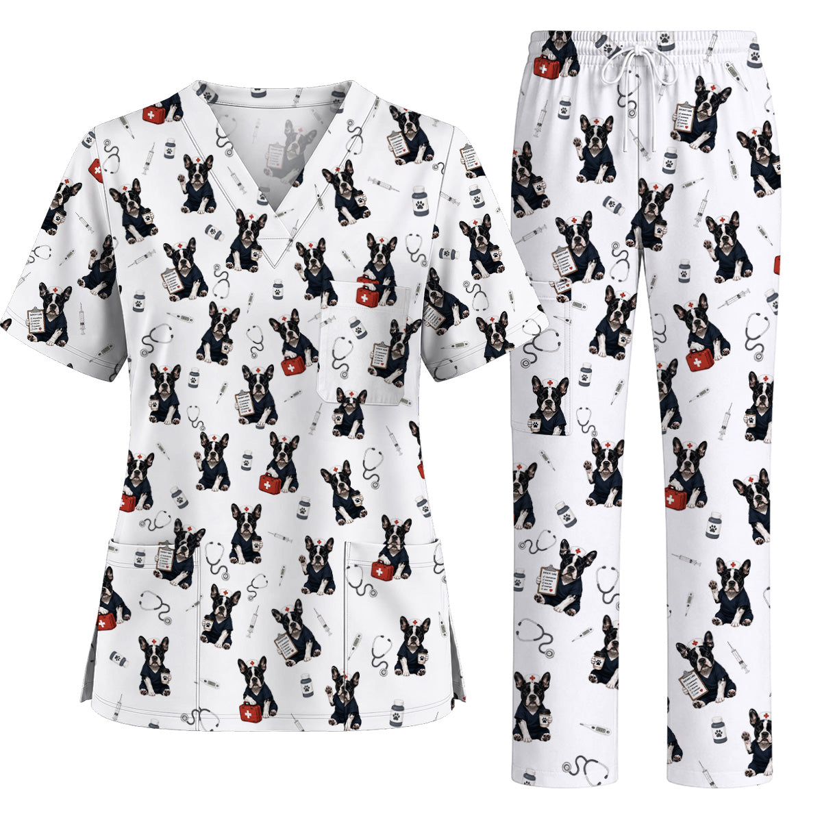 Frenchton Veterinary Scrub Top, Frenchton Vet Nurse Uniform for Animal Lovers, Comfortable Veterinary Scrubs for Veterinary Professionals