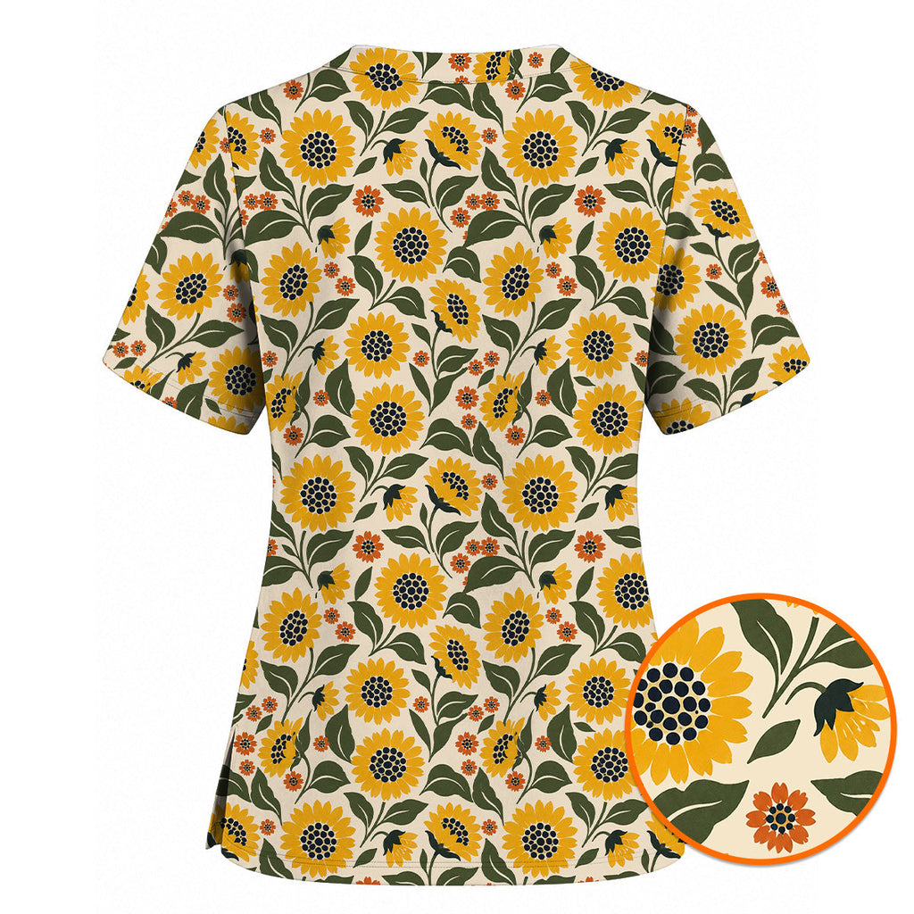 Retro Sunflower Scrub Top, Vintage Sunflower Floral Nurse Scrubs Uniform, Cheerful Flower Gift For Nurses