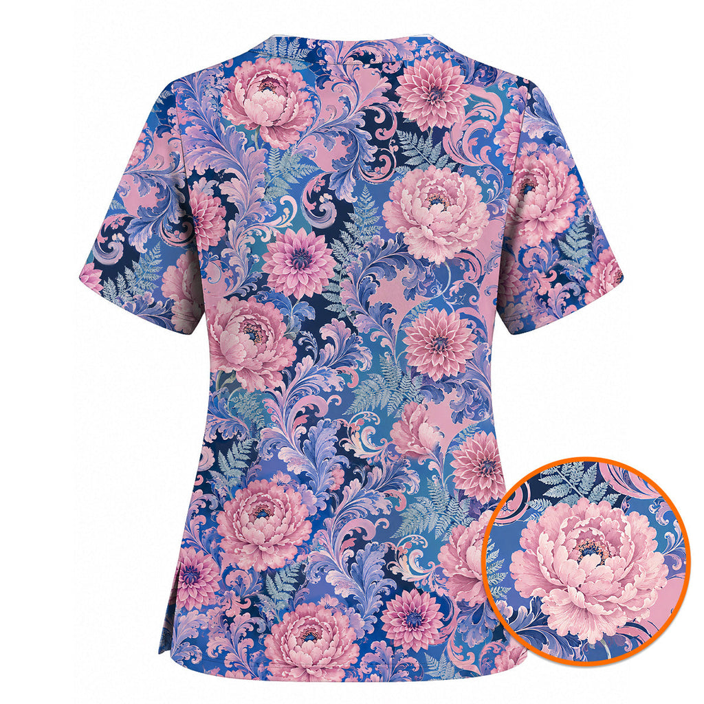 Pink Peony Floral Scrub Top, Elegant Blue Botanical Nurse Shirt, Vintage Floral Healthcare Uniform
