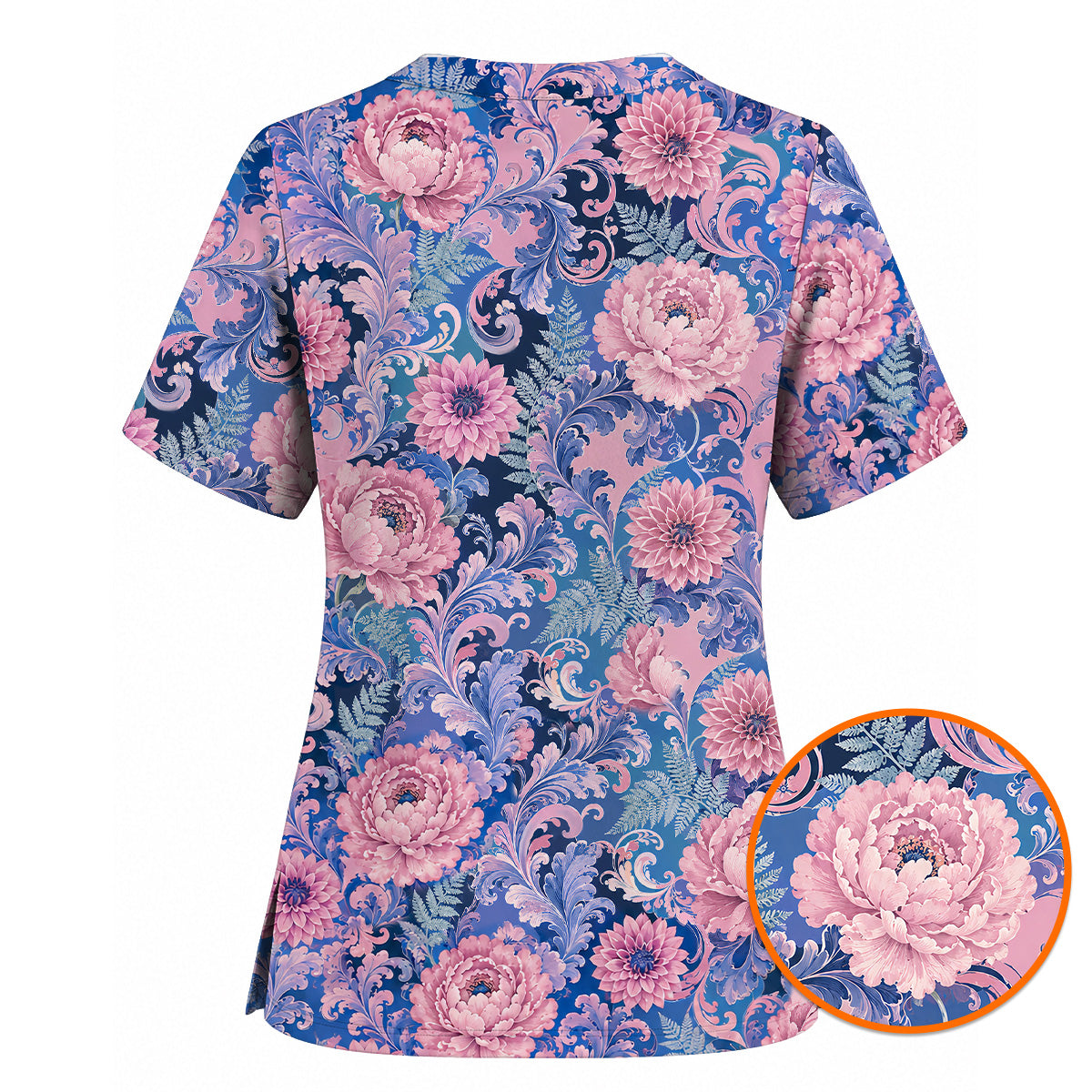 Pink Peony Floral Scrub Top, Elegant Blue Botanical Nurse Shirt, Vintage Floral Healthcare Uniform