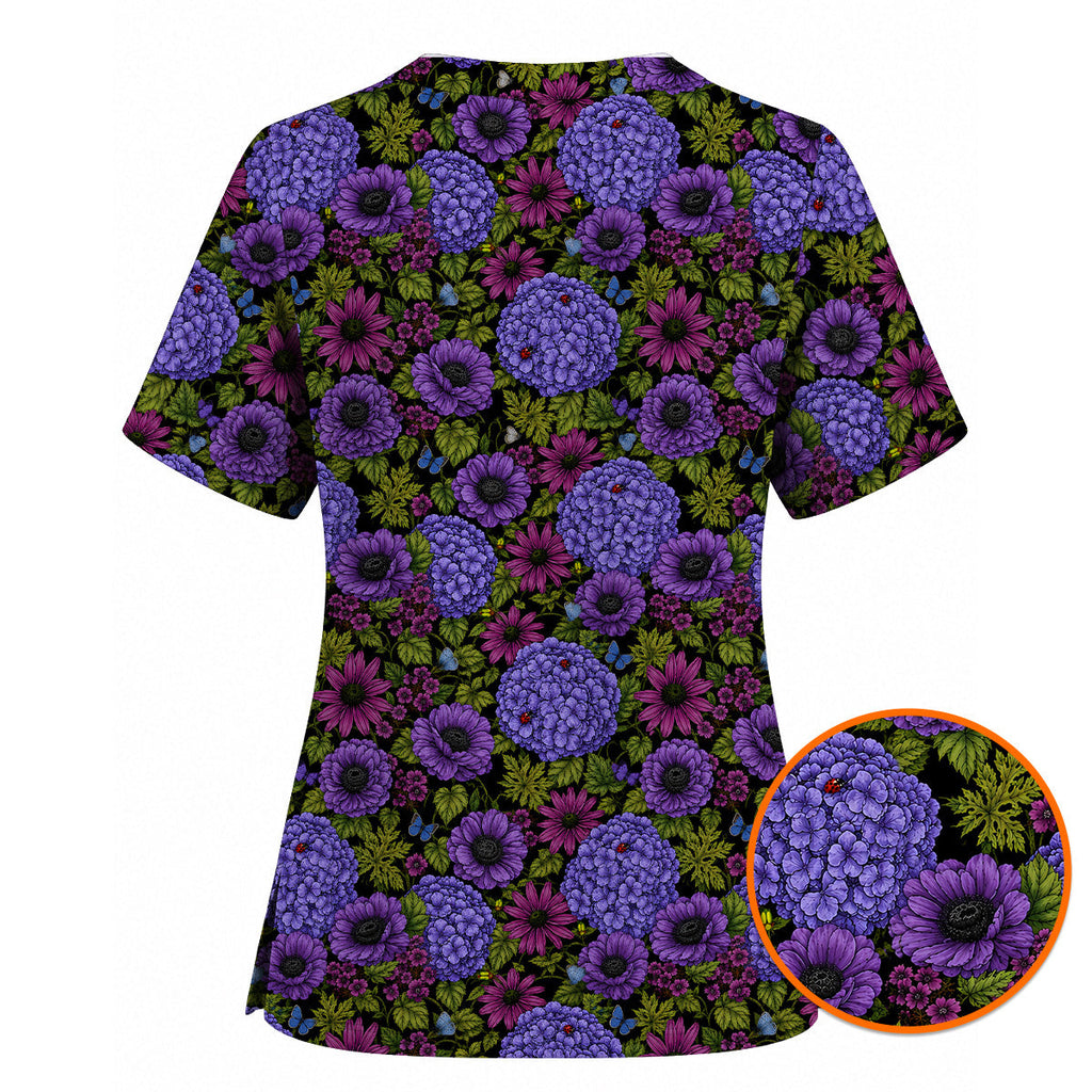 Purple Hydrangea Floral Scrub Top, Dark Botanical Nurse Shirt, Elegant Wildflower Healthcare Uniform