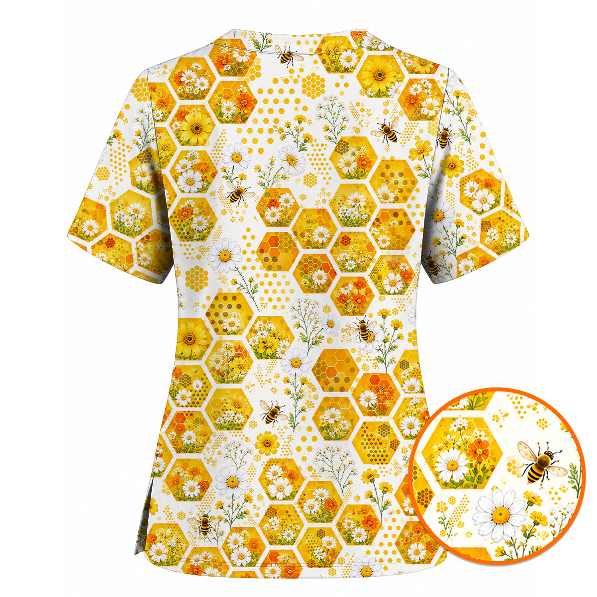 Honey Bee Daisy Scrub Top, Honeycomb Floral Nurse Shirt, Cute Bee Healthcare Uniform