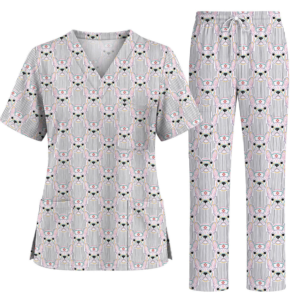 French Bulldog Nurse Scrub Top, Cute Frenchie Medical Pattern Scrubs, Dog Lover Gift for Nurses & Healthcare Workers
