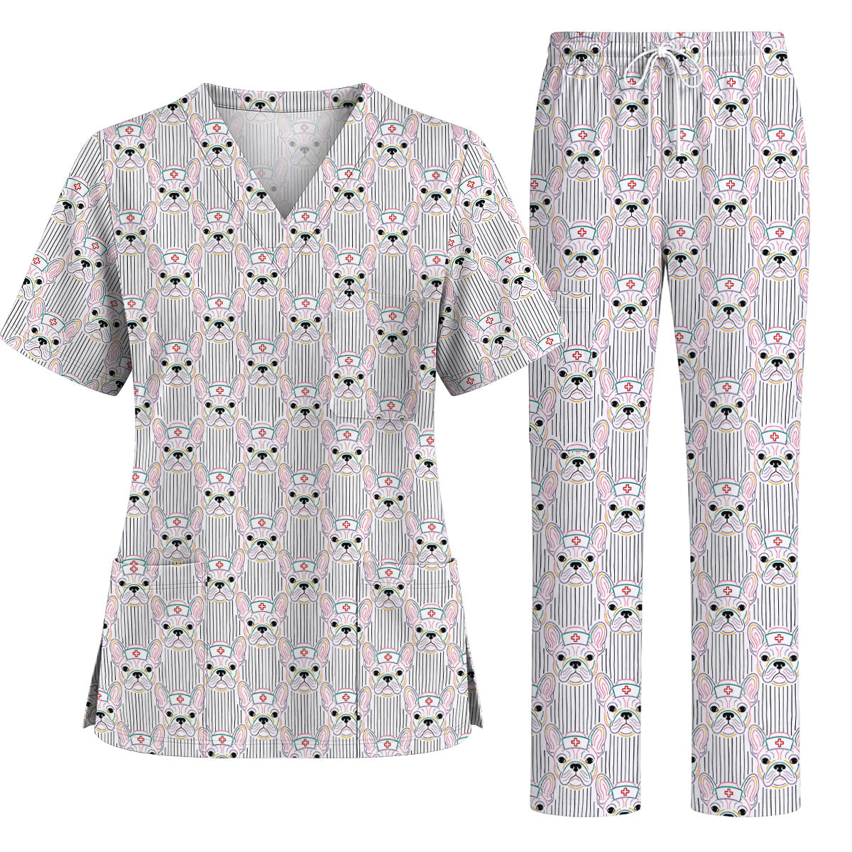 French Bulldog Nurse Scrub Top, Cute Frenchie Medical Pattern Scrubs, Dog Lover Gift for Nurses & Healthcare Workers