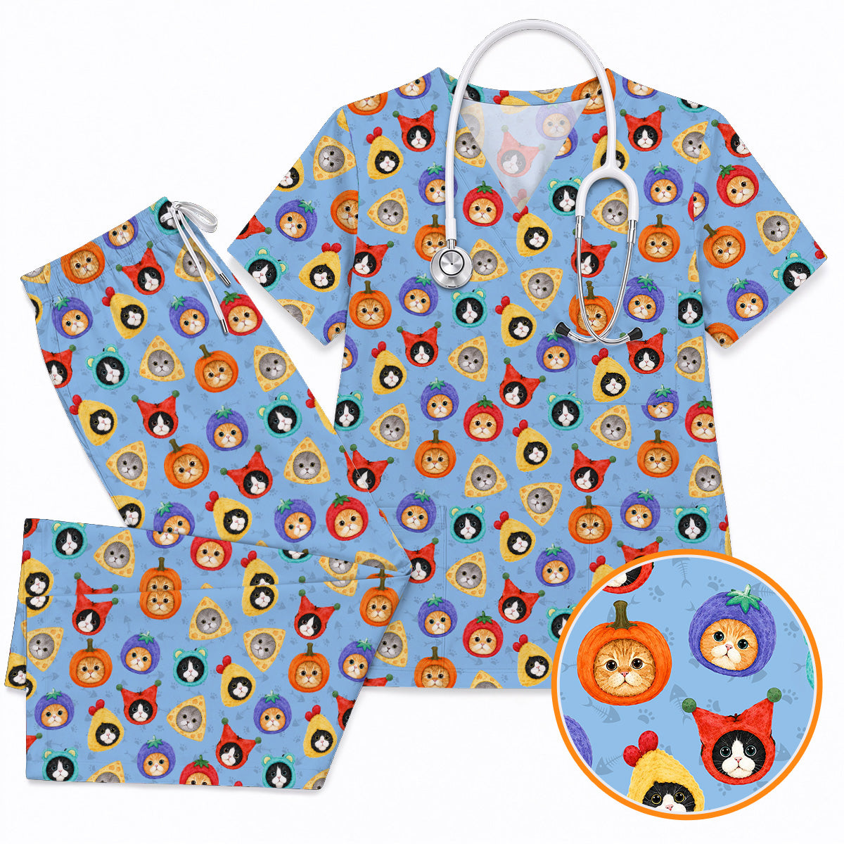 Funny Cat Pattern Scrub Top, Cute Kitty Nursing Uniform for Cat Lovers, Comfortable Medical Scrubs for Nurses