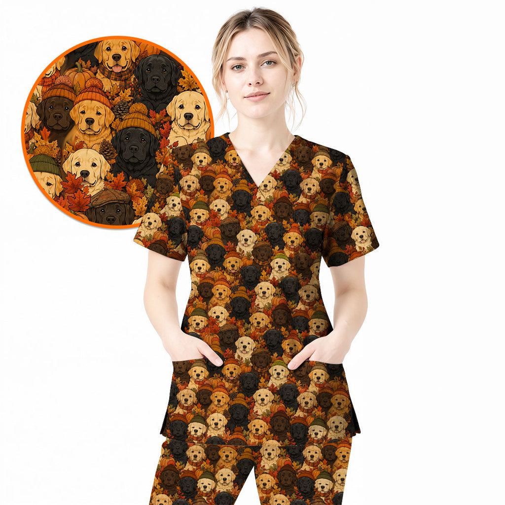 Autumn Labrador Scrub Top, Fall Labrador Retriever Nursing Uniform for Dog Lovers, Cozy Nurse Scrubs with Labrador Pattern