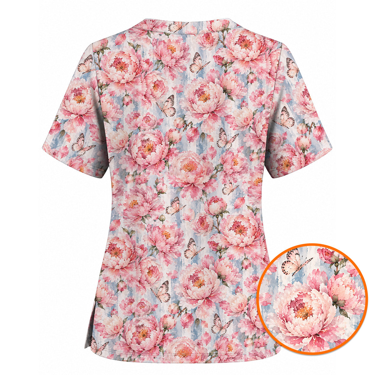 Watercolor Peony Scrub Top For Women, Pink Peony Butterfly Nurse Shirt, Floral Nursing Uniform for Healthcare Workers