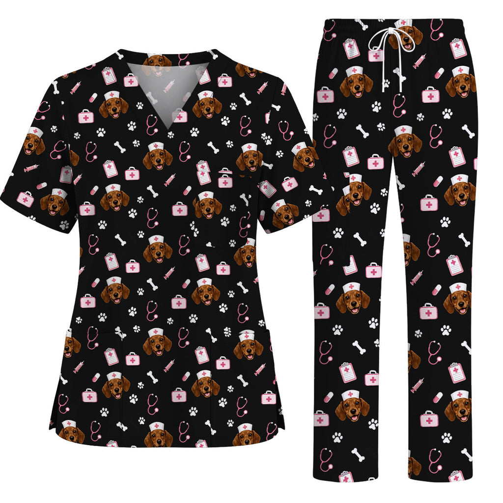 Dachshund Nurse Scrub Top, Cute Wiener Dog Medical Uniform for Veterinary Professionals, Black Dog Lover Scrubs for Nurses