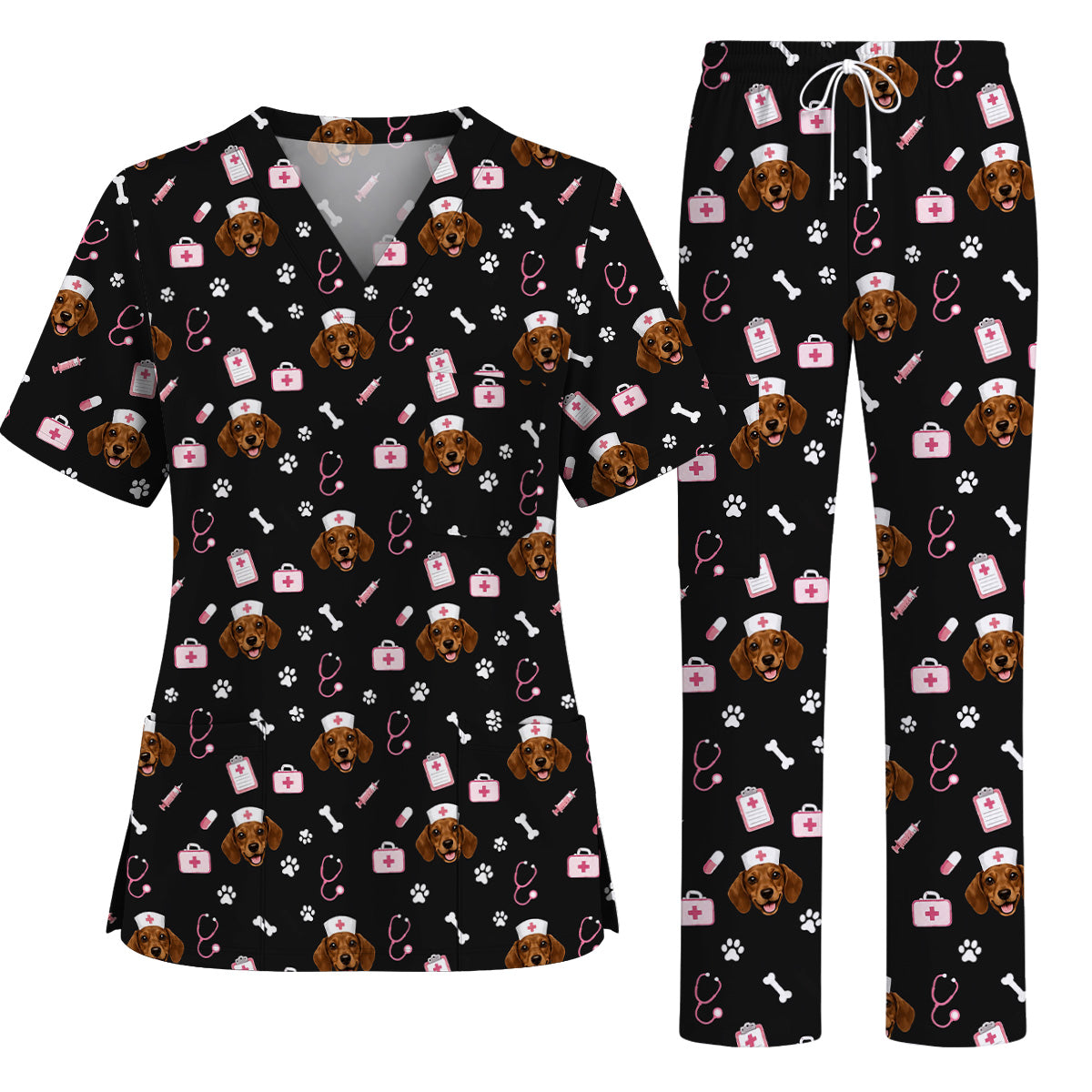 Dachshund Nurse Scrub Top, Cute Wiener Dog Medical Uniform for Veterinary Professionals, Black Dog Lover Scrubs for Nurses