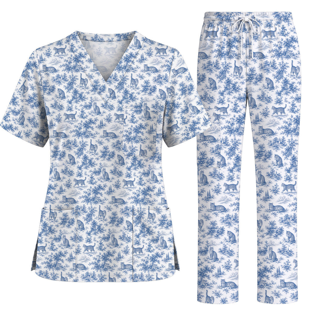 Toile de Jouy Cat Scrub Top, Crazy Cats Pattern Nursing Uniform for Cat Lovers, Vintage Feline Medical Scrubs
