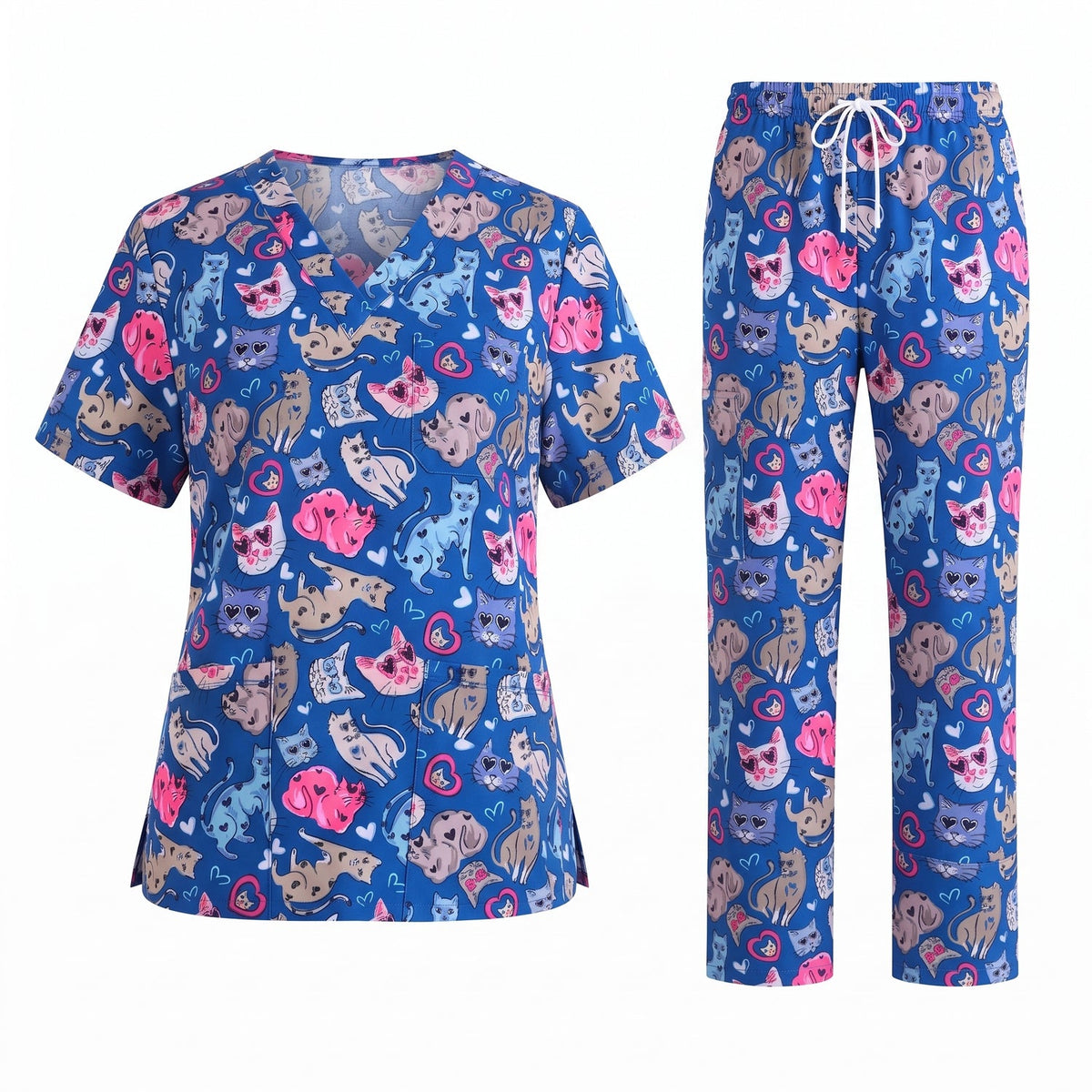 Essence I Love Kitties Scrub Top, Funny Cats Scrub Top for Women, Breathable Fabrics Nursing Uniform