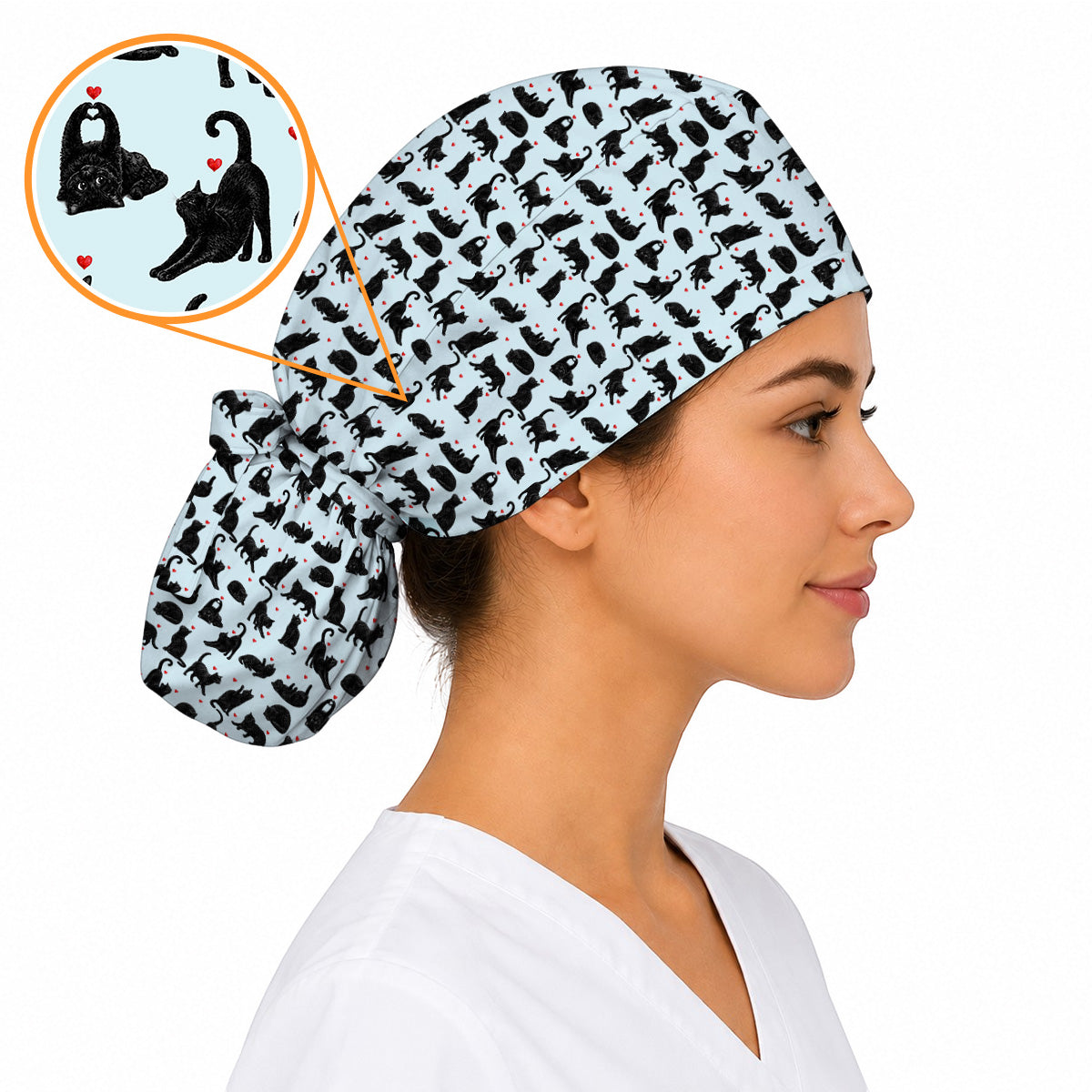 Black Cat Love Scrub Caps, Cute Cat Heart Print Scrubs, Cat Lover Nurse Cap