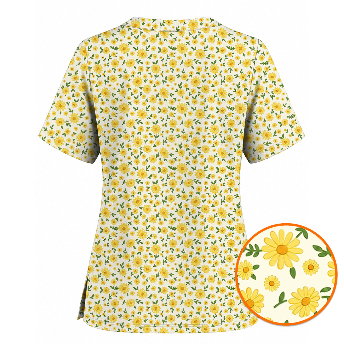 Yellow Daisy Garden Scrub Top, Cheerful Daisy Floral Print Scrubs, Spring Nurse Medical Uniform
