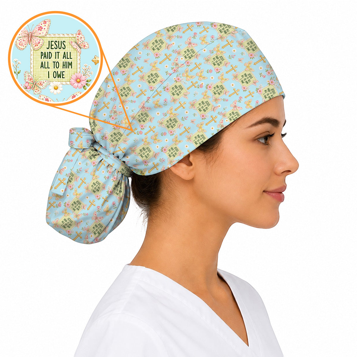 Jesus Paid It All Scrub Caps, Christian Butterfly Floral Nurse Scrubs Cap, Faith Inspired Gift For Nurses