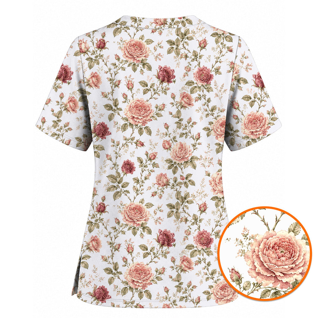 Vintage Rose Scrub Top, Romantic Rose Floral Nurse Scrubs Uniform, Cottagecore Flower Gift For Nurses
