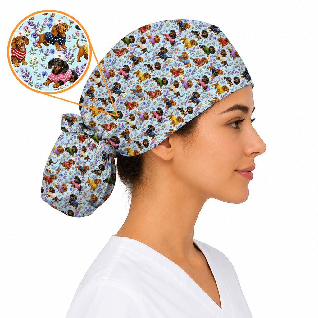 Dachshund Floral Nurse Scrub Cap, Cute Wiener Dog Pattern Scrubs for Nurses, Dog Lover Healthcare Gift